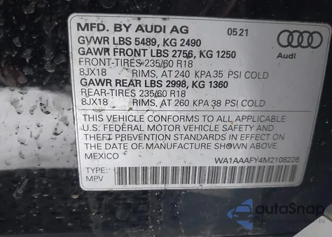 2021 Audi Q5 Premium 45 Tfsi Quattro S Tronic из США, поврежденный, VIN WA1AAAFY4M2108226